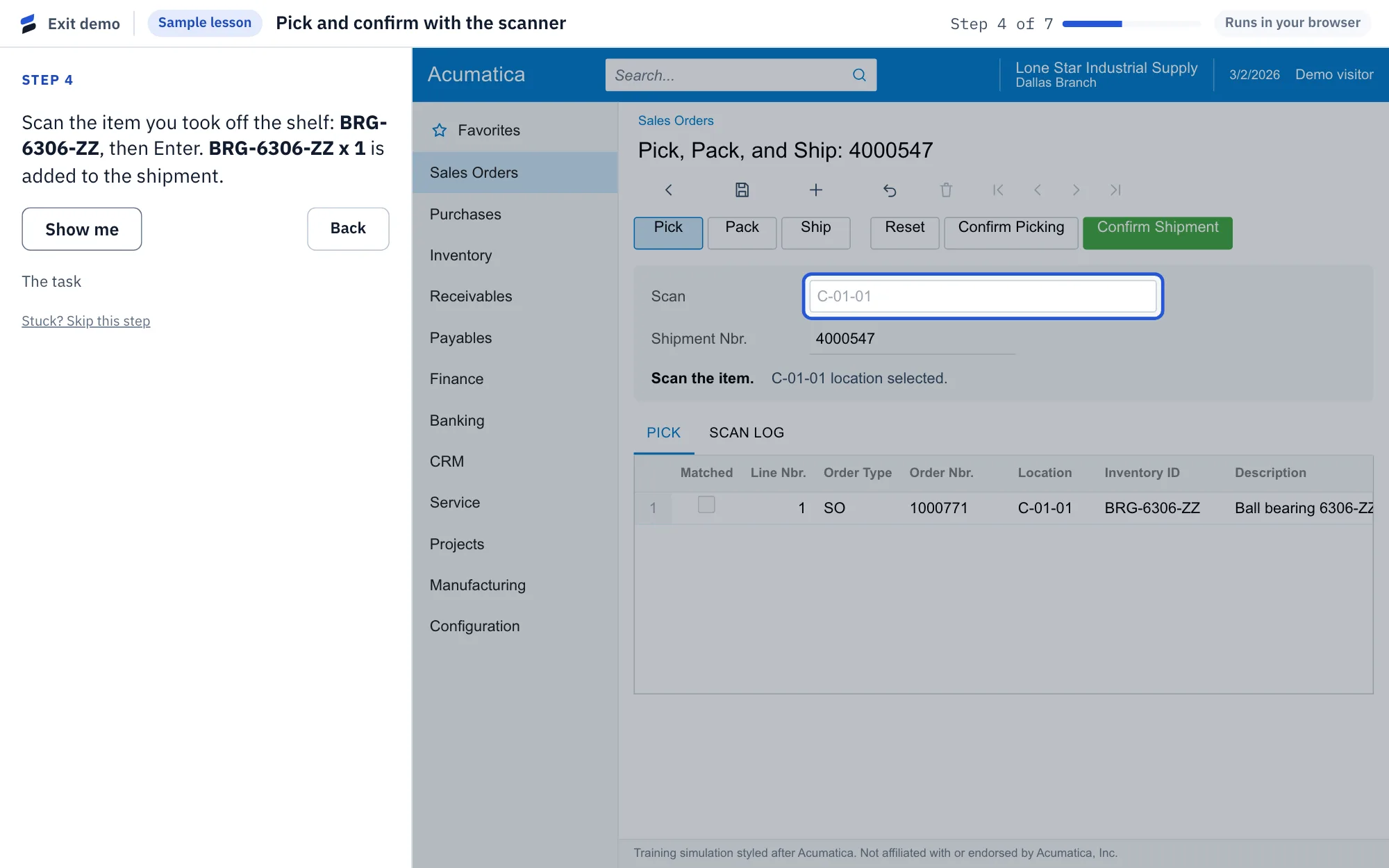 A Simetta lesson on a simulated Acumatica Pick, Pack, and Ship screen: the coach panel gives the next scan and a blue ring marks the barcode field.